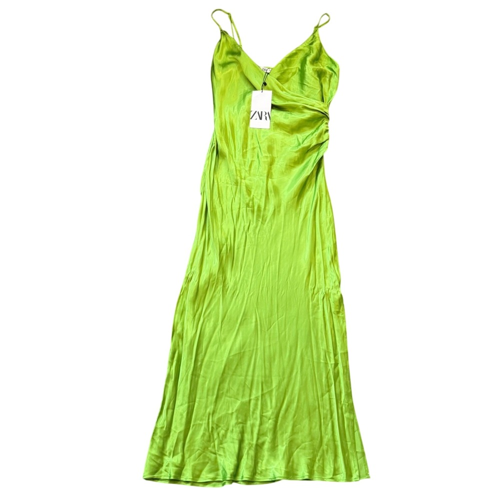 Zara Satin Midi Dress Lime Green Ruched Draped V-Neck NWT Small